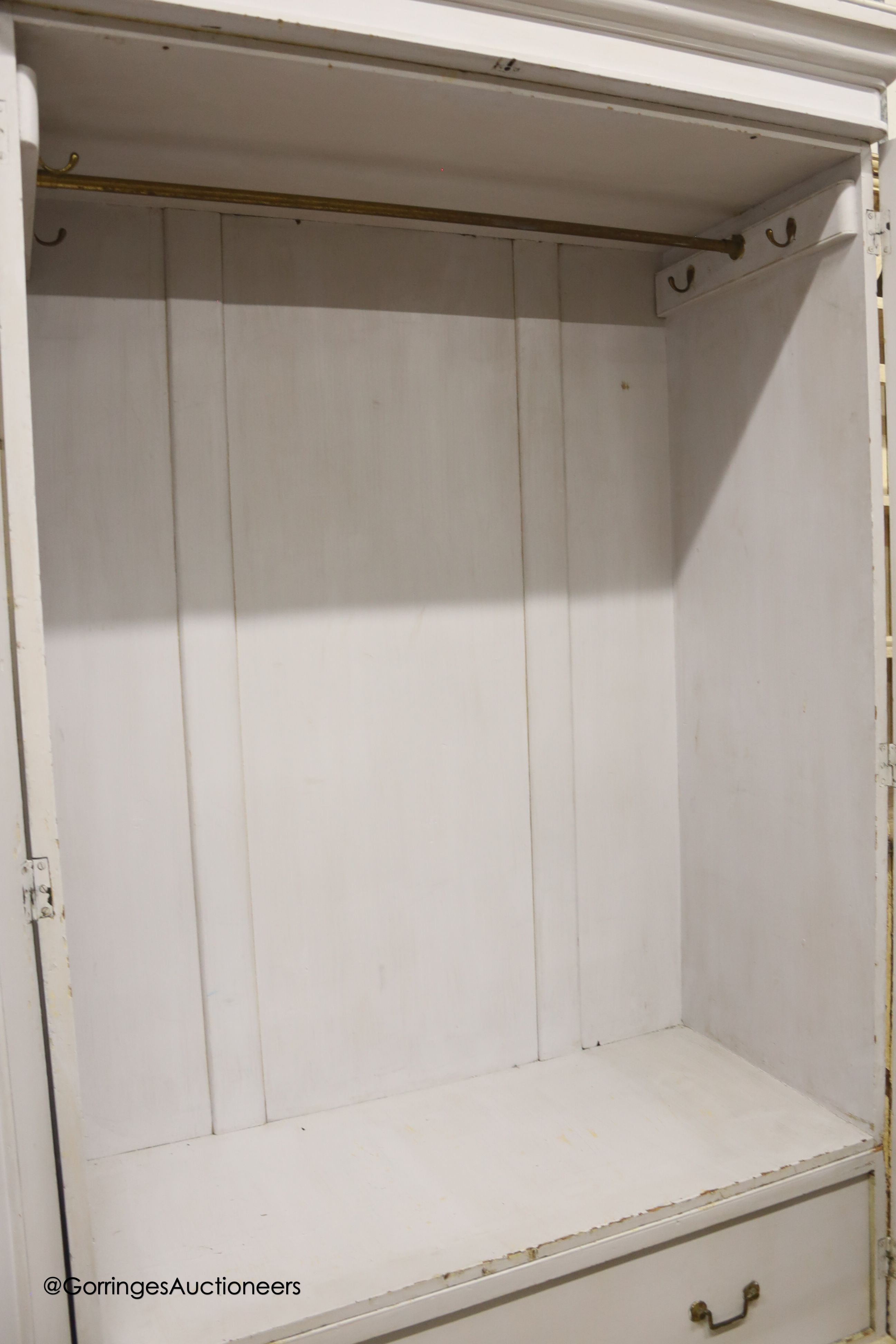 A Victorian painted two door pine wardrobe, width 128cm depth 63cm height 212cm